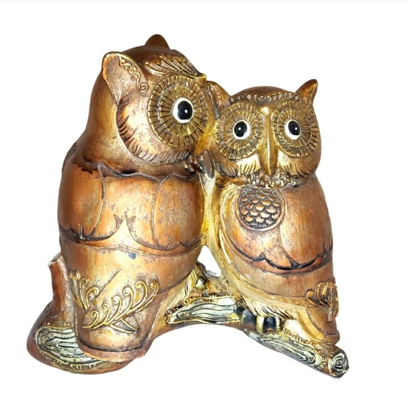 Ceramic Owls on Log Gold Mirror Details Decorative Display Owls - Picture 1 of 16